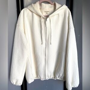NWT Max Studio Cream Waffle Weave Full Zip Hoodie Oversized, XL Travel, Slouchy